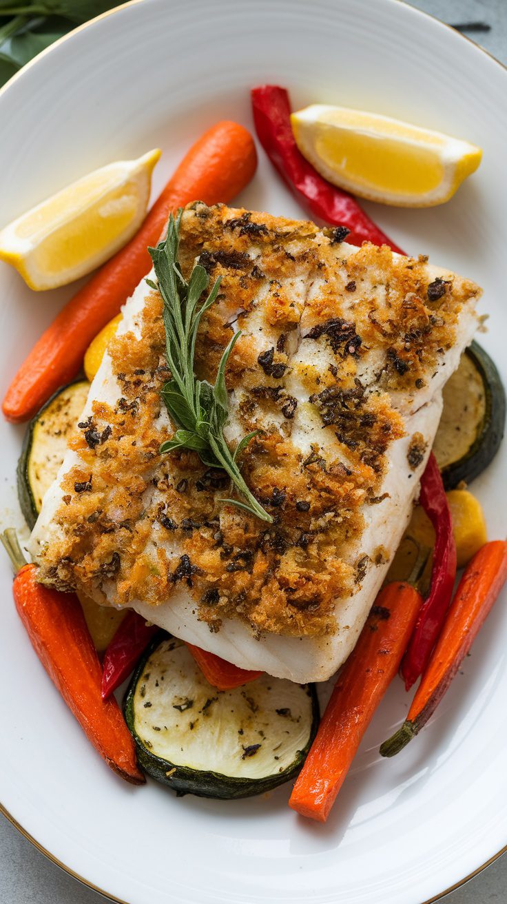 Mediterranean Herb-Crusted Baked Fish with vegetables