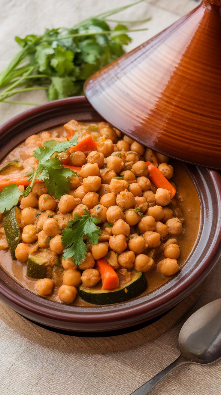 A vibrant Moroccan Chickpea and Vegetable Tagine served in a traditional clay pot, garnished with fresh cilantro.