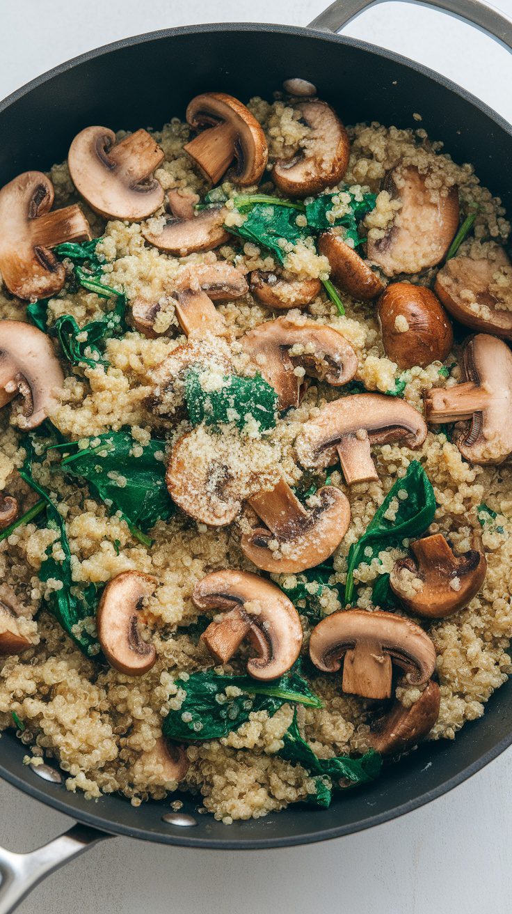 A pan filled with Mushroom Spinach Quinoa Stir-Fry, showcasing cooked quinoa, sautéed mushrooms, and fresh spinach.