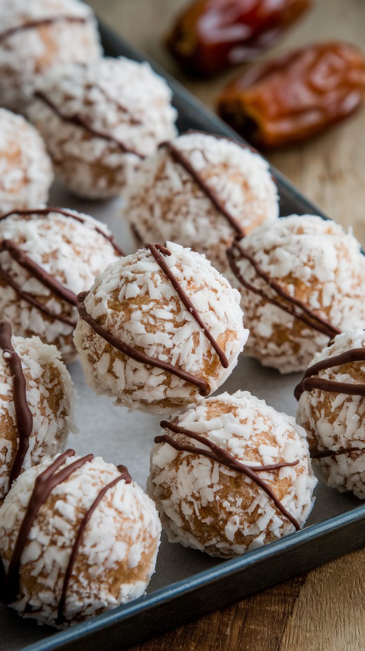A tray of No-Bake Coconut and Date Bliss Balls drizzled with chocolate and sprinkled with shredded coconut.
