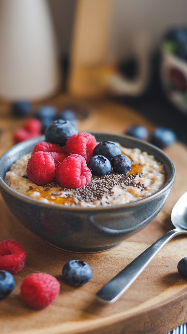 A bowl of oatmeal topped with raspberries, blueberries, and chia seeds