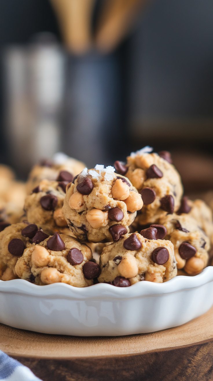 Nutty high-protein chickpea cookie dough bites in a white bowl