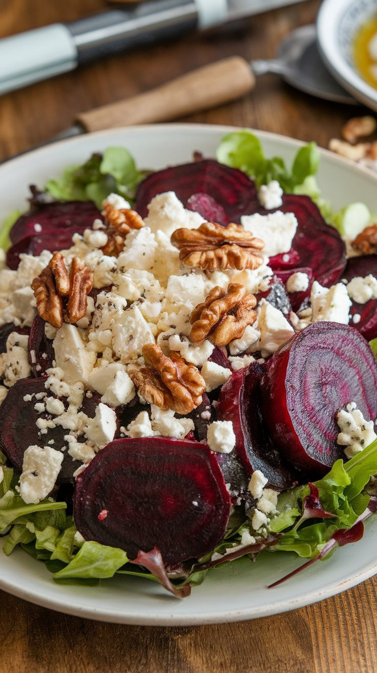 Nutty Roasted Beet and Walnut Salad with greens, beets, feta cheese, and walnuts on a plate
