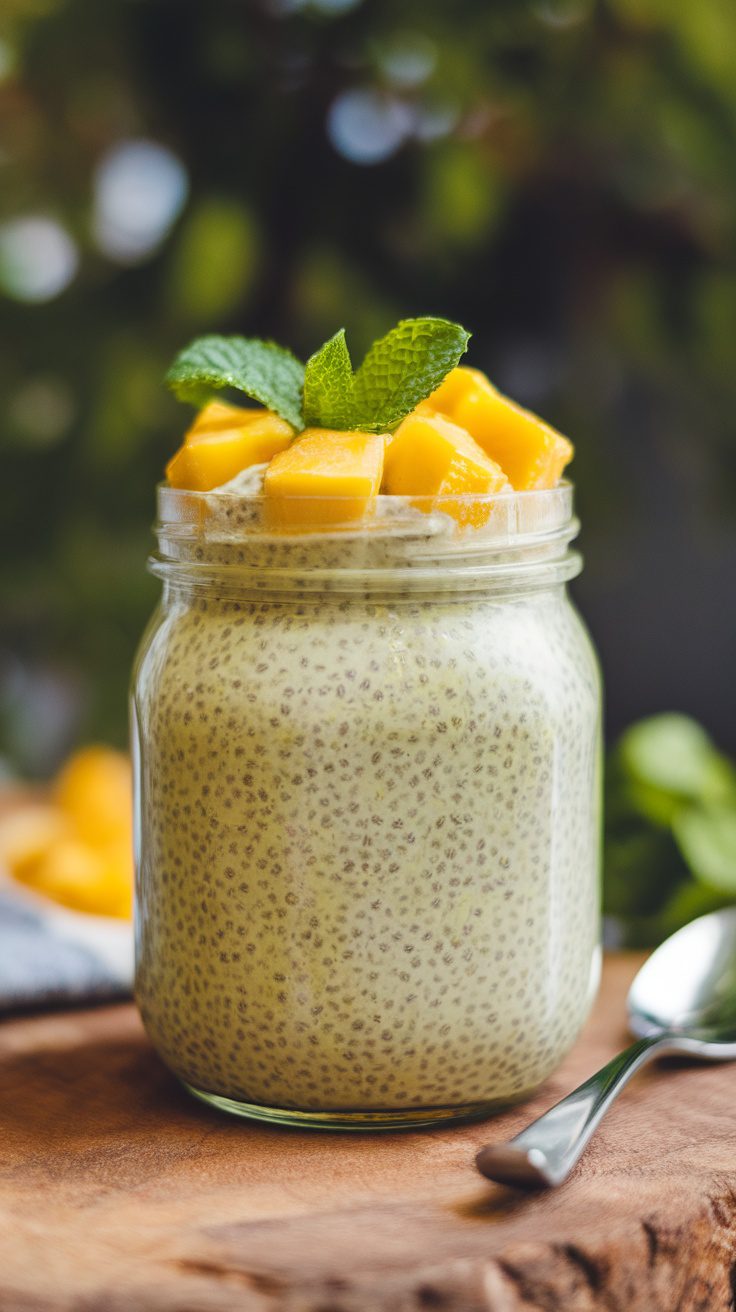 Chia seed pudding topped with mango and mint in a jar