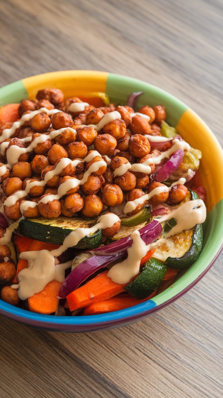 A colorful bowl filled with roasted vegetables, chickpeas, and a creamy sauce.