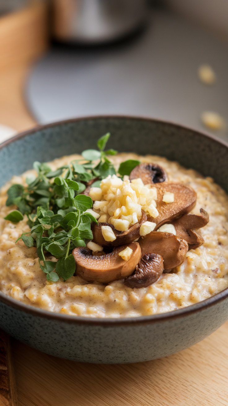 Bowl of savory herb and garlic oats topped with mushrooms and fresh herbs