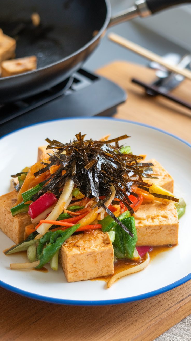 A vibrant seaweed and tofu stir-fry with colorful vegetables on a plate.