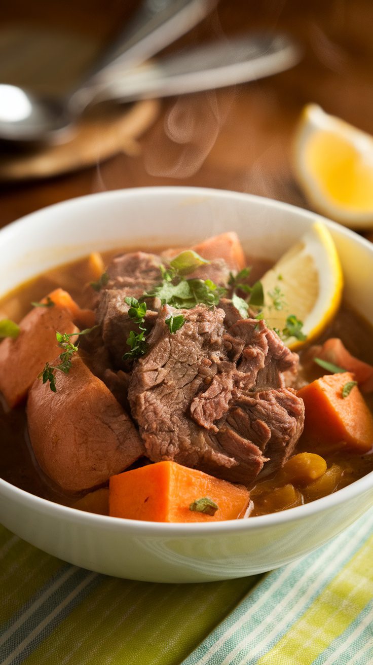 A bowl of slow-cooked beef stew with sweet potatoes, garnished with herbs and a slice of lemon.
