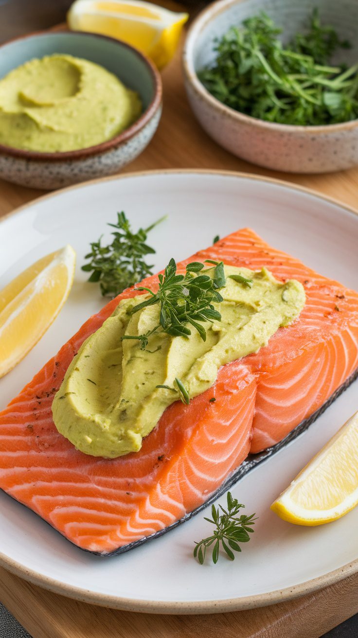 A plate of slow-roasted salmon topped with creamy avocado butter, garnished with herbs and lemon
