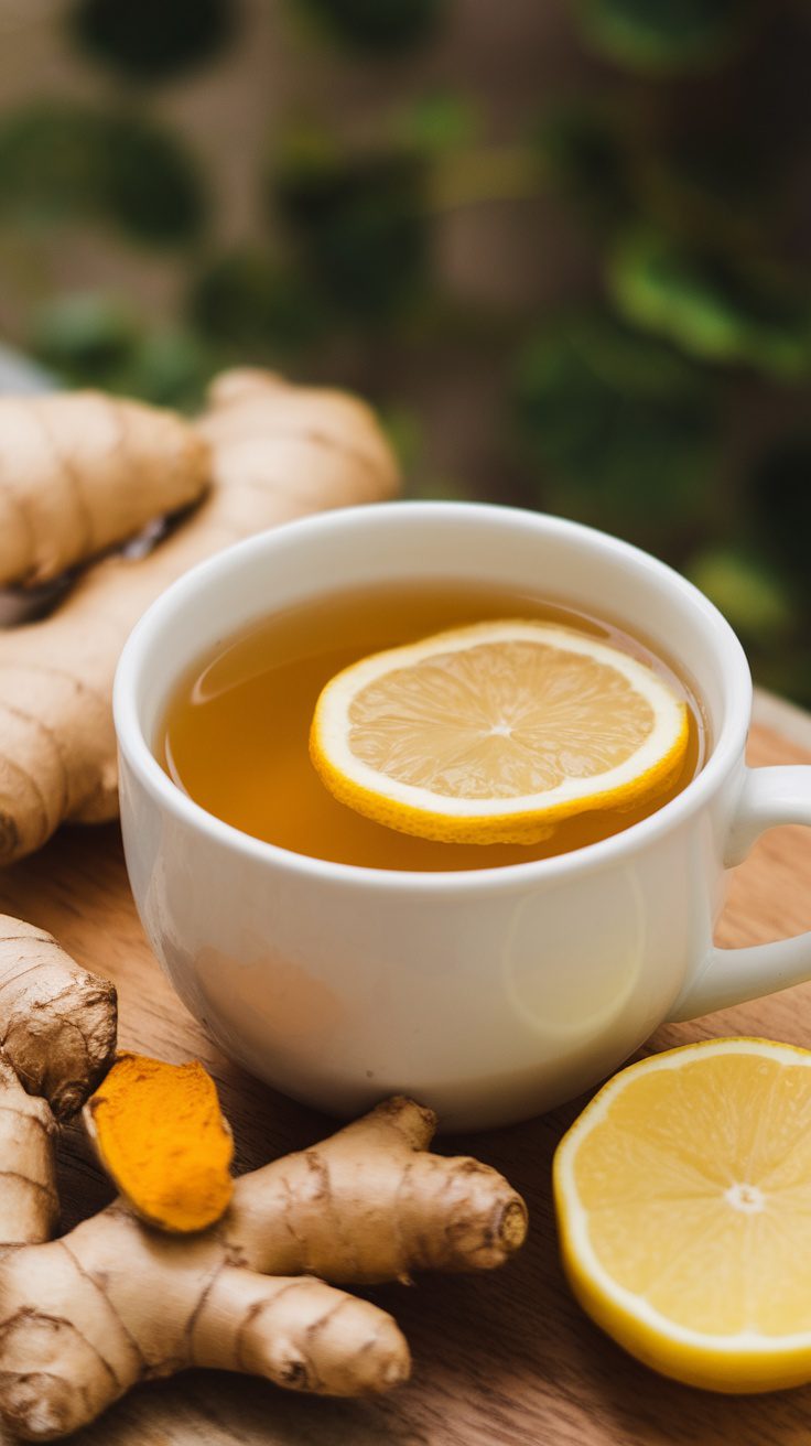 A cup of turmeric ginger tea with a lemon slice on top, surrounded by fresh ginger roots.