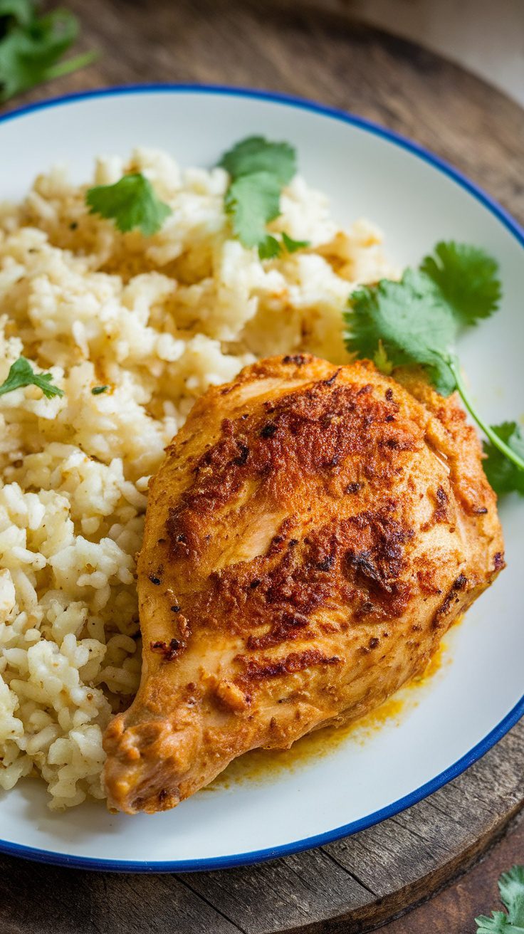 Spiced turmeric chicken served with cauliflower rice and garnished with cilantro.