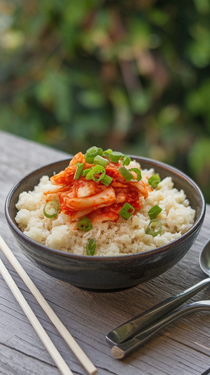 A bowl of spicy cauliflower rice topped with kimchi and green onions.