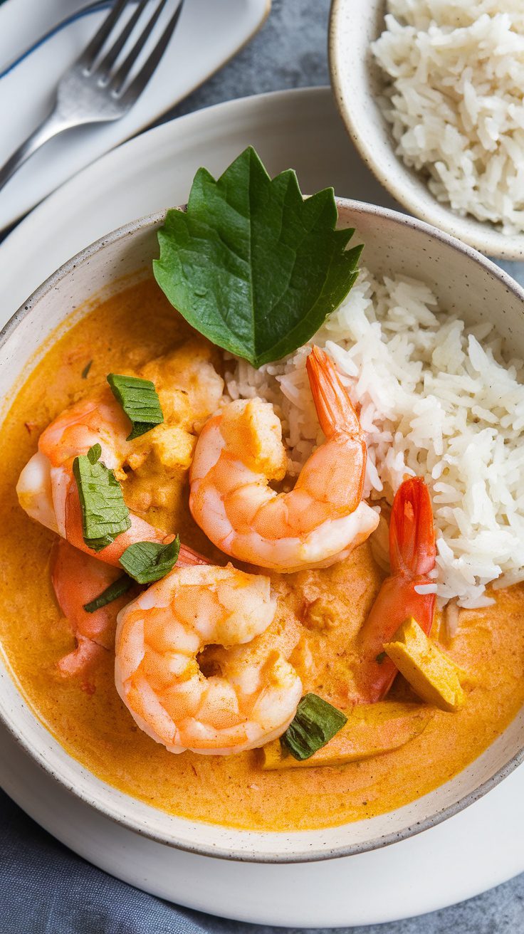 A bowl of Spicy Turmeric Coconut Shrimp Curry with shrimp and rice on the side.