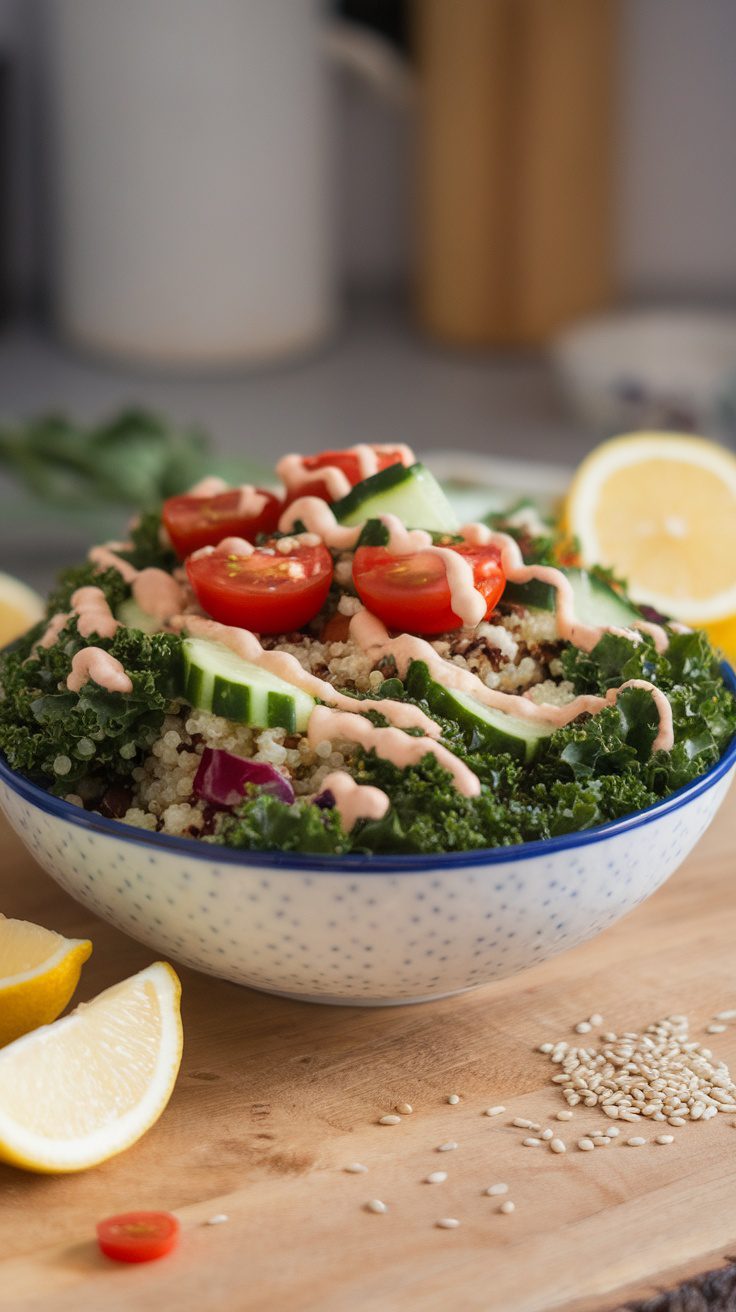 A colorful kale and quinoa salad topped with cherry tomatoes and cucumber, drizzled with creamy dressing.