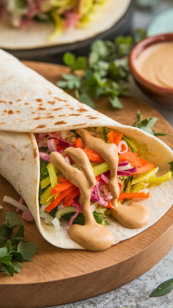 A vibrant vegetable wrap filled with colorful vegetables and drizzled with tahini sauce on a wooden cutting board.