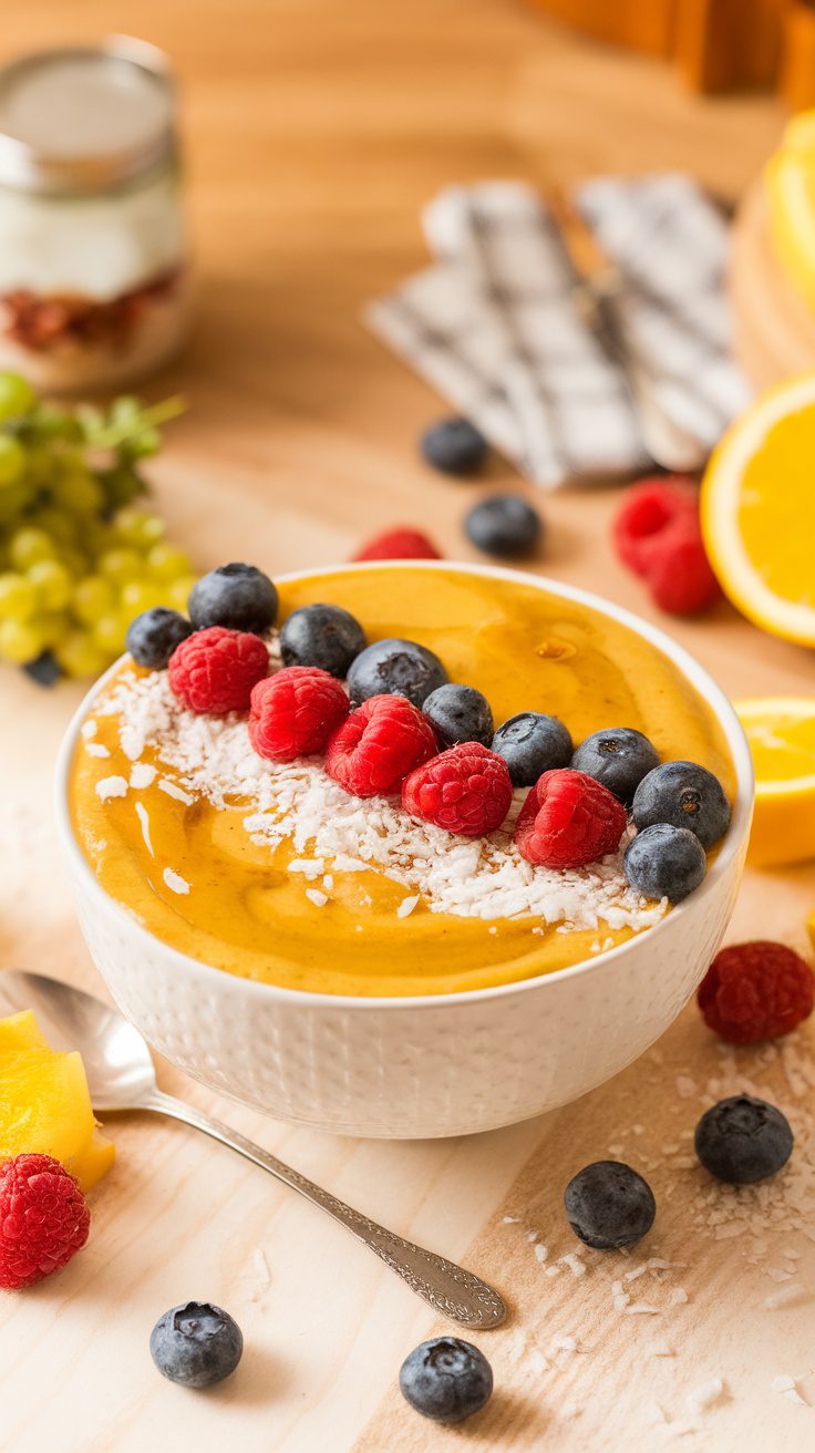 A vibrant turmeric ginger smoothie bowl topped with raspberries, blueberries, and coconut flakes.