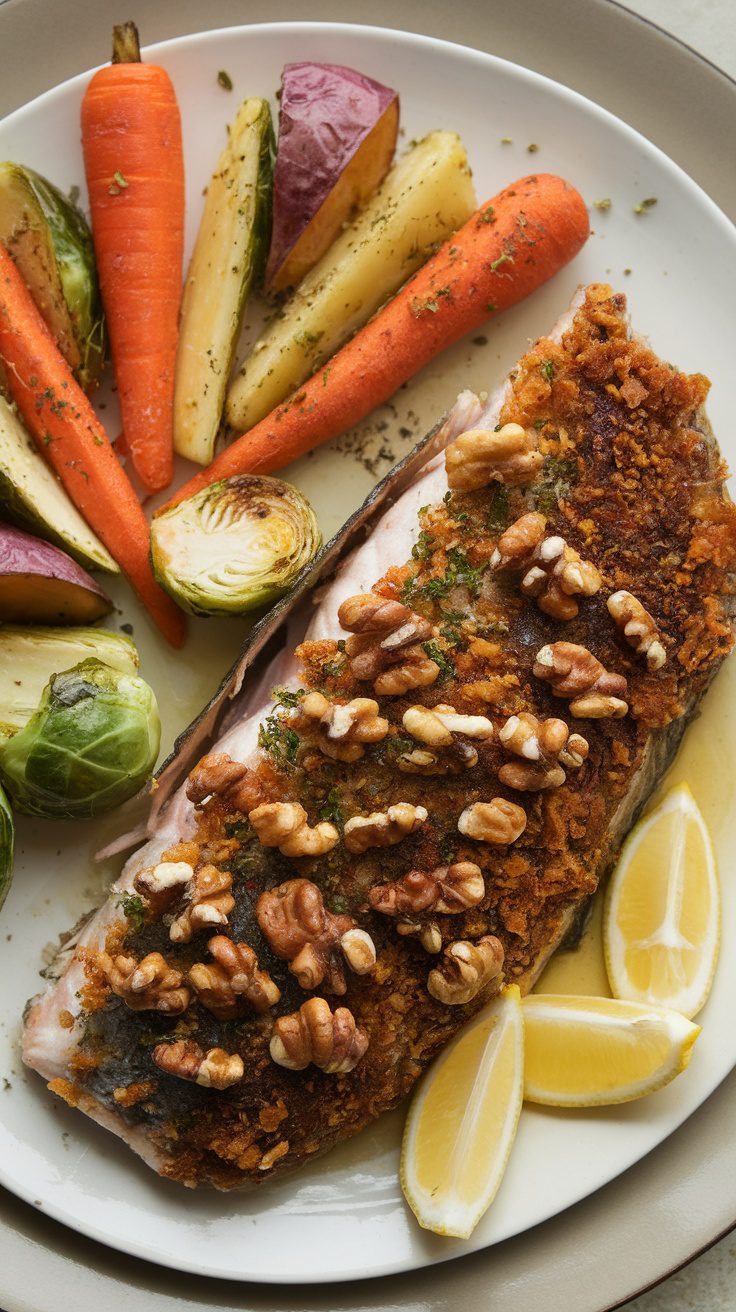 A beautifully plated walnut-crusted baked trout with assorted roasted vegetables and lemon wedges.