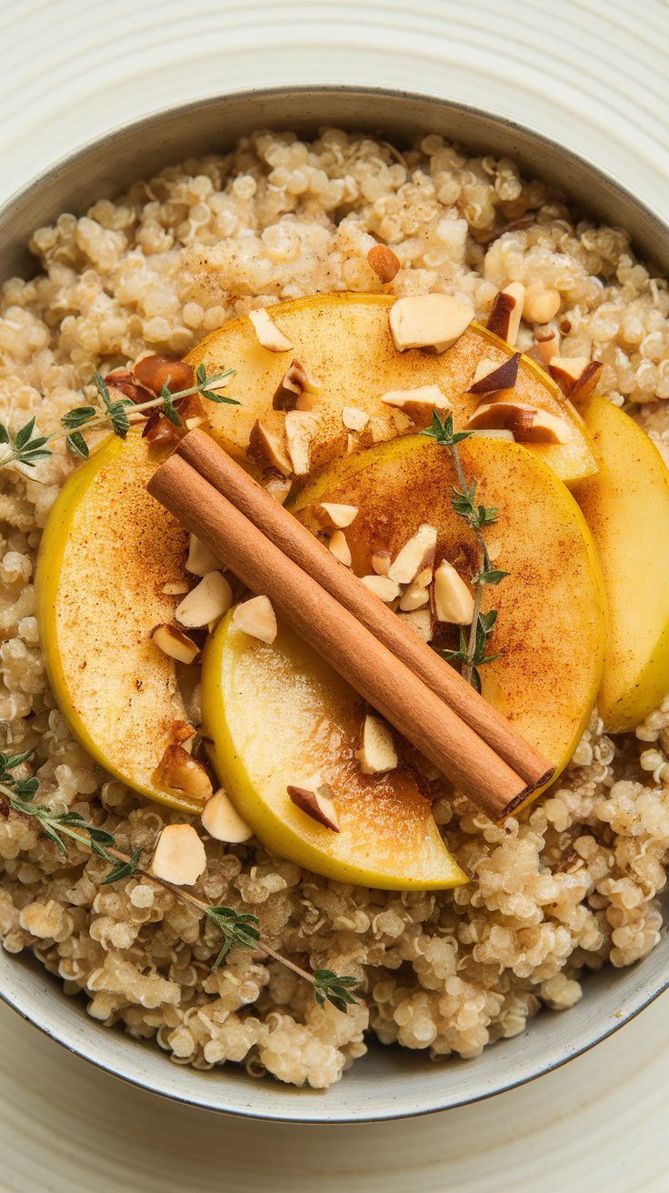 A delicious bowl of warm apple and cinnamon quinoa topped with sliced apples, cinnamon sticks, and nuts.