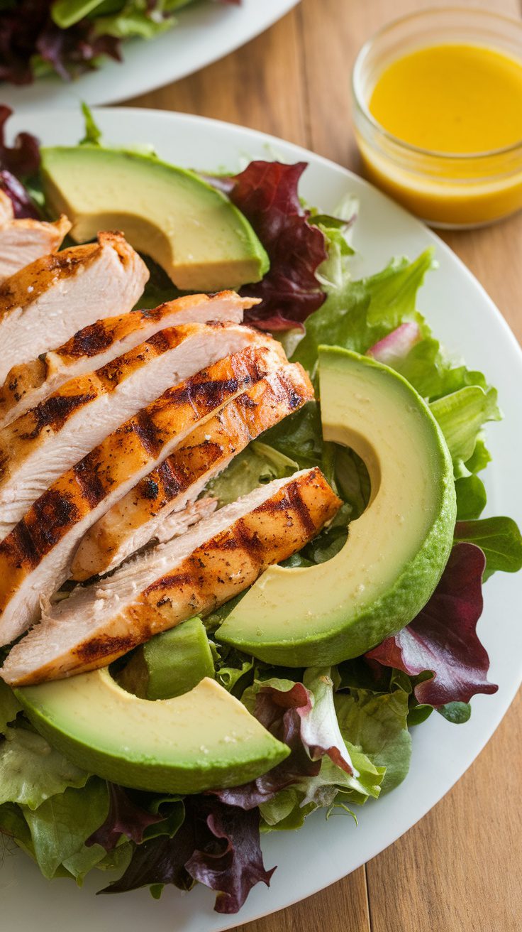 A plate of zesty grilled chicken salad topped with avocado slices and citrus vinaigrette.