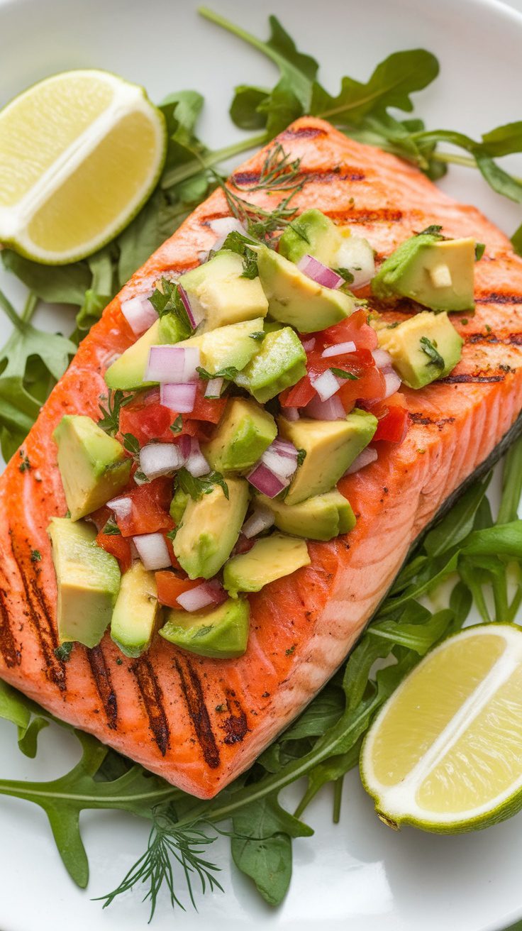 Grilled salmon fillet topped with avocado salsa on a plate with lime wedges and arugula.