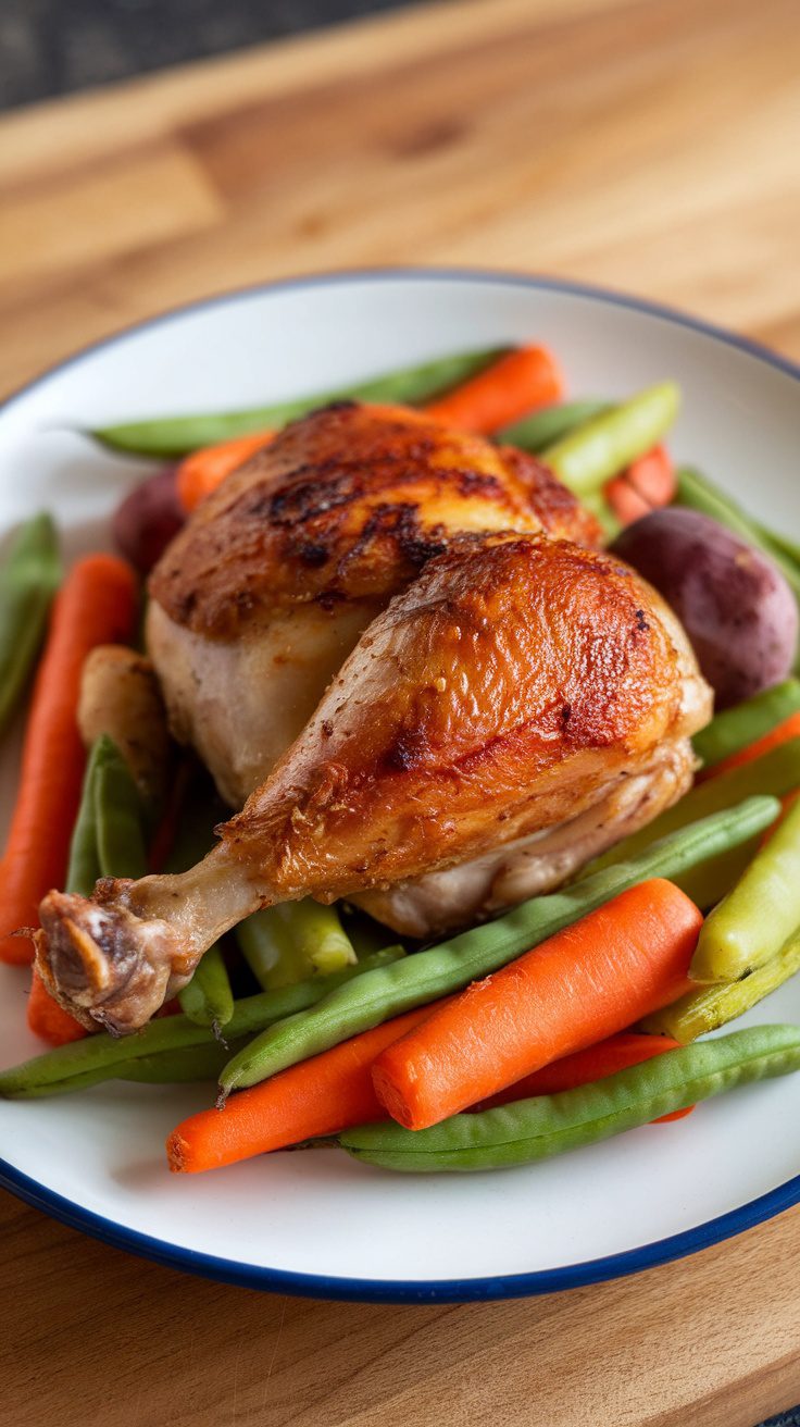 A plate of zesty lemon herb roasted chicken with seasonal veggies, including carrots and green beans.