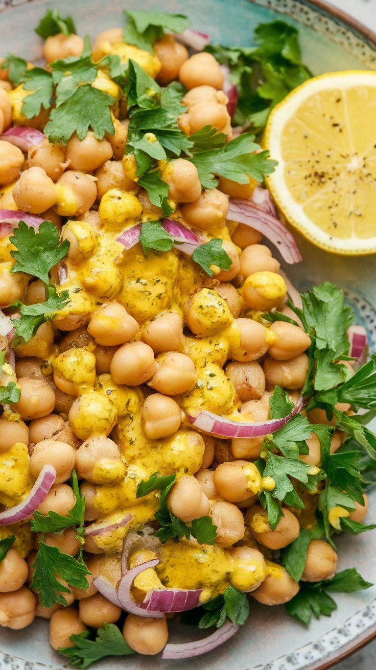 A colorful bowl of Zesty Turmeric-Spiced Chickpea Salad with chickpeas, parsley, and lemon