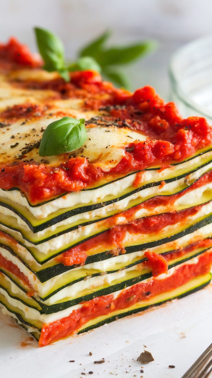 Layered zucchini lasagna with creamy cashew ricotta and marinara sauce topped with fresh basil