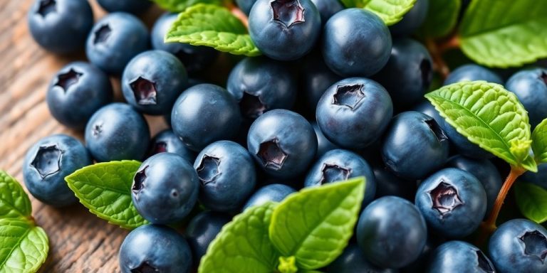 Fresh blueberries with green leaves on a wooden surface.