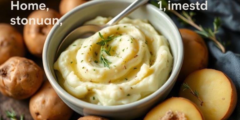 Bowl of mashed potatoes with fresh herbs and potatoes.