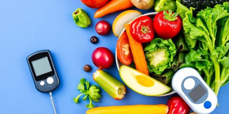 Photograph of healthy foods and a blood glucose meter.