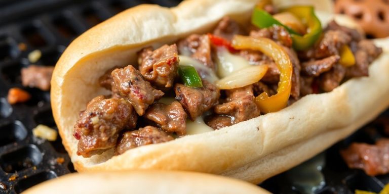 Mouthwatering cheesesteak with steak, cheese, and toppings.