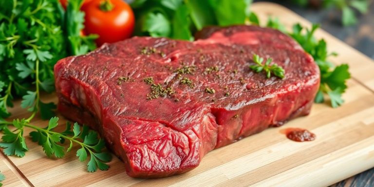 Juicy grass-fed beef steak with fresh herbs and vegetables.