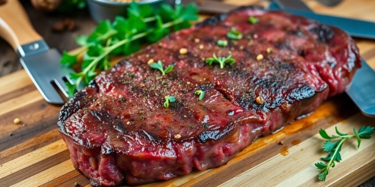 Close-up of grass-fed beef steak with herbs on a board.