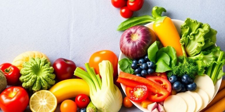 Colorful fruits and vegetables on a plate for healthy eating.