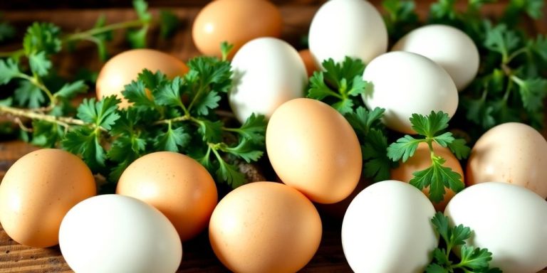 Fresh pasture-raised eggs on a rustic wooden table.