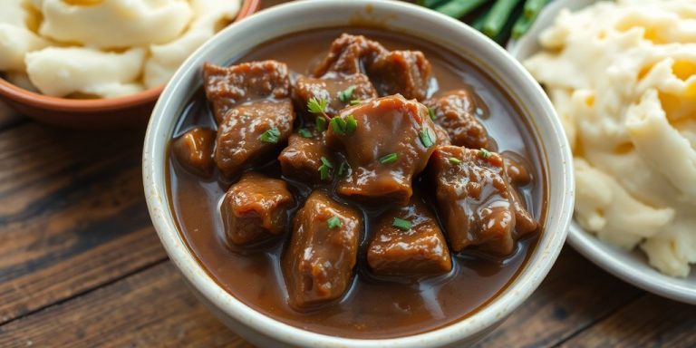 Beef tips in gravy with mashed potatoes and green beans.