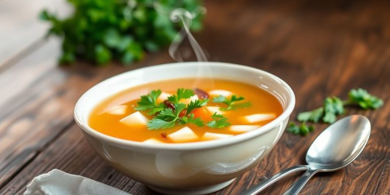 Bowl of bone broth soup with herbs and vegetables.