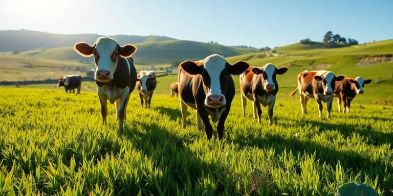 Cows grazing on green pastures in California.