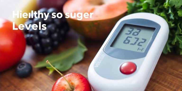 Blood glucose meter with healthy food on a wooden table.