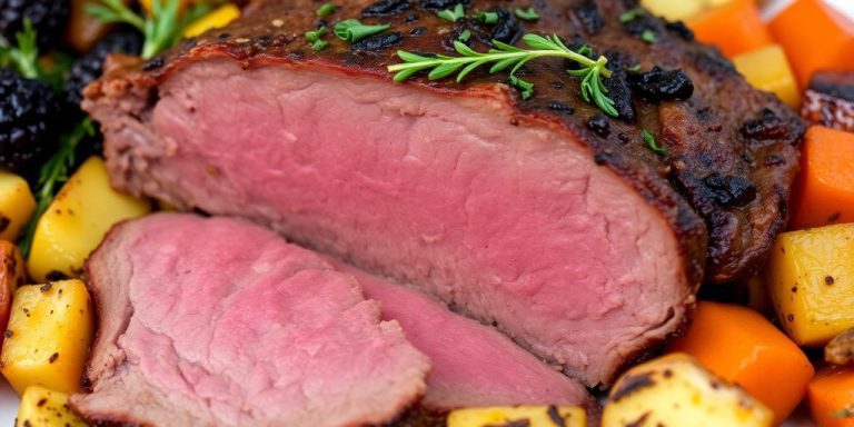 Sliced chuck roast with herbs and roasted vegetables on plate.