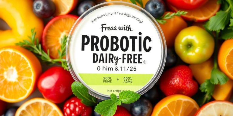 Colorful dairy-free probiotics with fresh fruits and herbs.