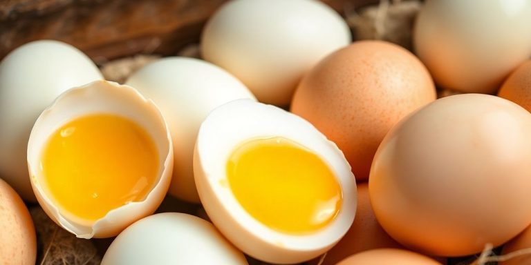 Pasture raised eggs with vibrant yolks on a wooden surface.