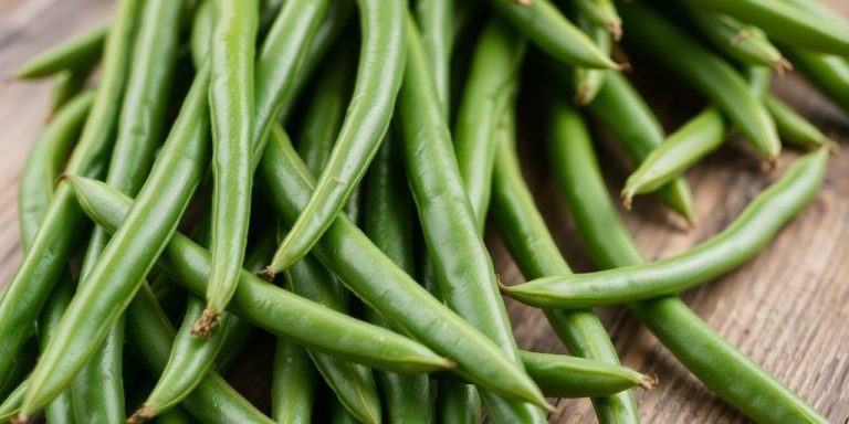 Fresh green string beans on a wooden surface.