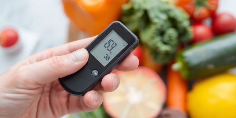 Hand holding a glucose meter with healthy food around.