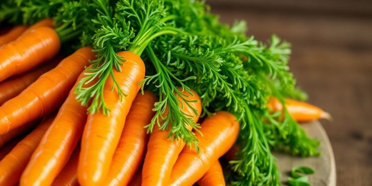Fresh carrots with green tops on a wooden background.