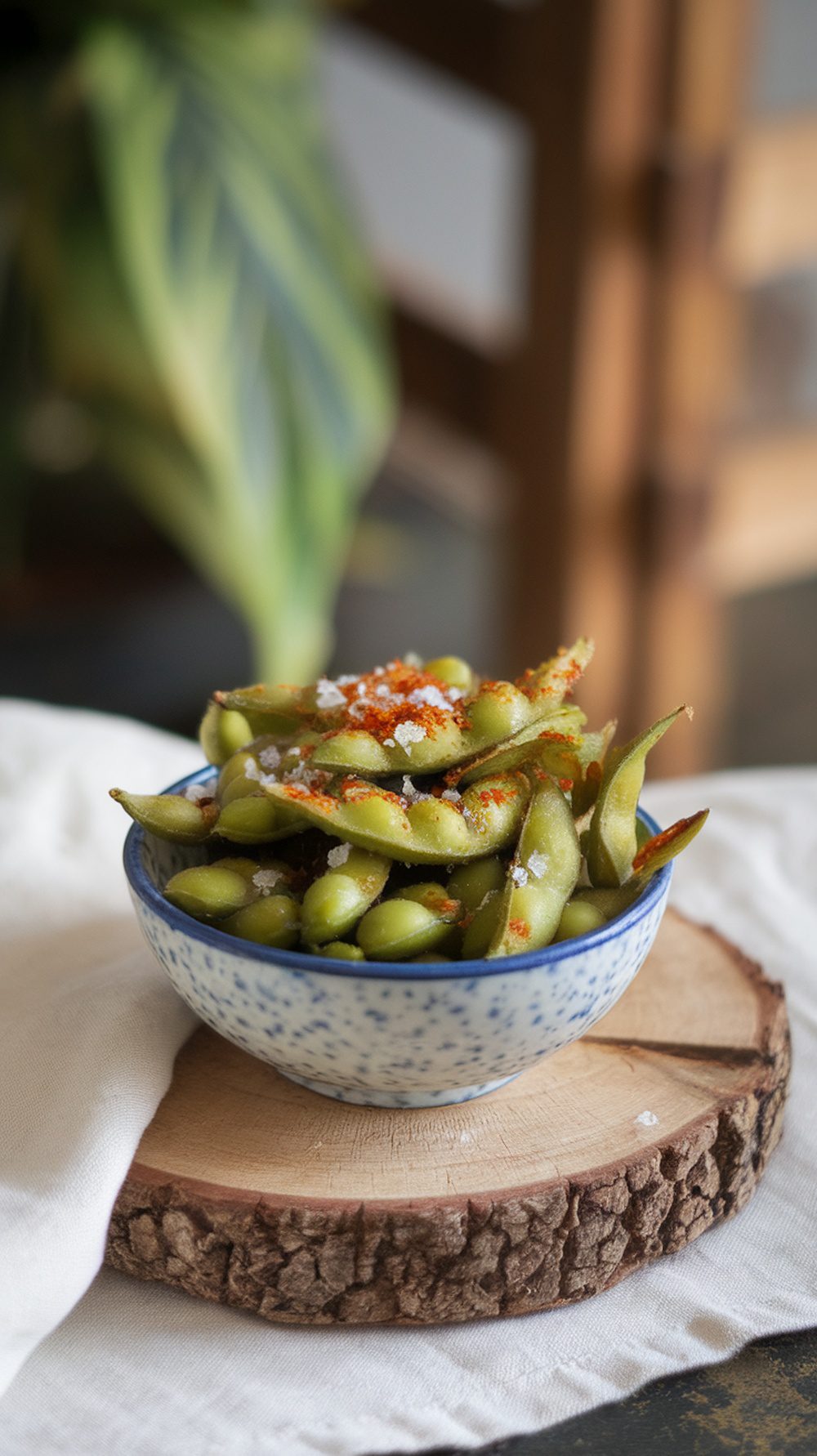 Crispy baked edamame with sea salt and chili-lime zest in a blue bowl