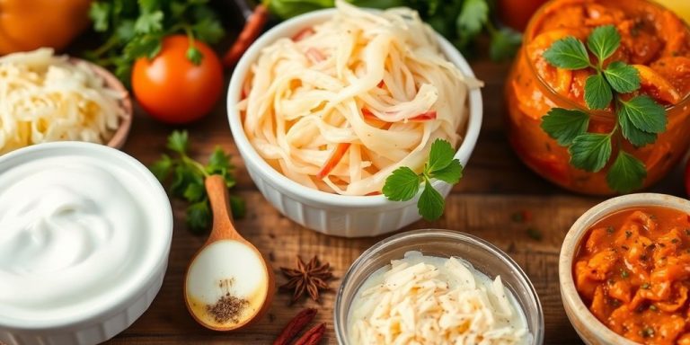 Colorful probiotic foods for heart health on a wooden surface.