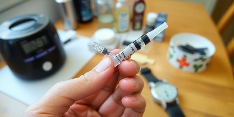 Hand holding insulin syringe with watch in background.