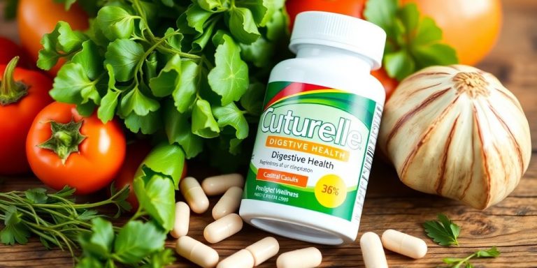 Culturelle probiotic capsules with fresh vegetables and herbs.