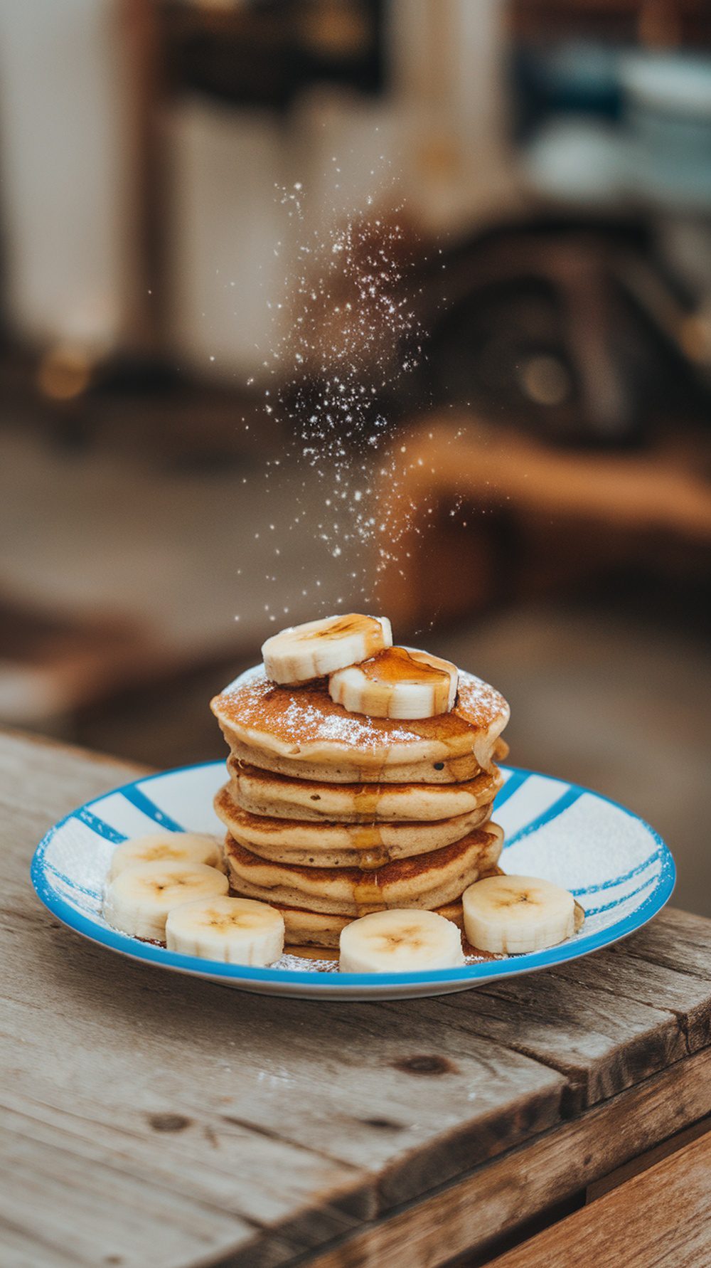 A plate of mini banana pancakes topped with banana slices and syrup, sprinkled with powdered sugar.